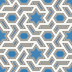 Oriental ancient mosaic seamless pattern. Arabesque ornament. Repeated geometric figures, hexagon, star motif surface print. Ornamental wallpaper. Geo design digital paper. Vector abstract background