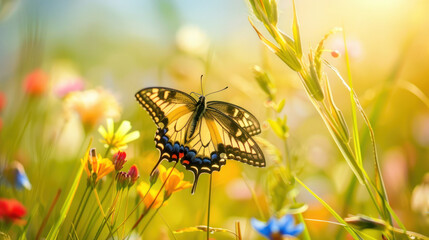 Butterfly landing on a vibrant wildflower in a grass field