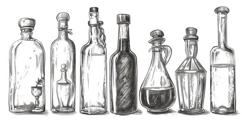 Collection of vintage glass mugs with cork stops hand drawn sketches modern illustration