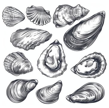 Hand drawn sketch style mussel set. Closed and opened. Sea food and sea animal modern illustration.