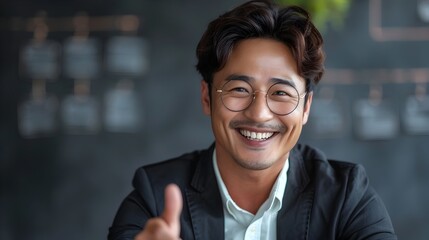 Obraz premium Confident Asian Businessman Smiling in Office Environment