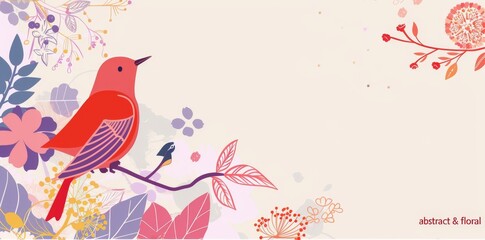 Doves modern background. Hand-drawn birds on blooming branches with flowers, berries, leaves. Trendy design with botanical sketches, geometric shapes, abstract elements.