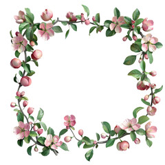 Fototapeta premium Floral elements in spring setting with apple branch on a clean transparent background. Card template featuring natural border and room for text.