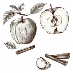Organic eco food modern set. Hand drawn apple.
