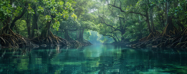 A tranquil mangrove forest teeming with life, with tangled roots and vibrant green foliage reflected in calm waters.