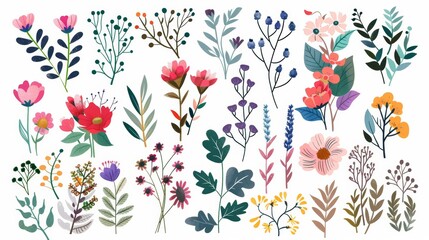 Fototapeta premium Flowers, berries, and leaves set. Floral hand drawn vintage set. Sketch art illustration for invitations and greeting cards.