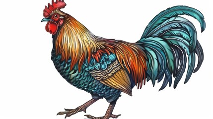 Fototapeta premium Illustration of a full color rooster with isolated engraving style.