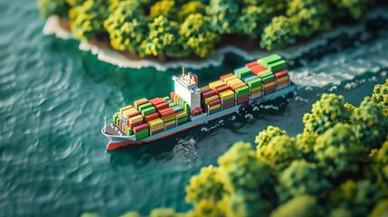 Isometric view of a cargo ship carrying containers on the sea, with green trees around, in the style of macro photography with soft lighting and a tilt-shift effect