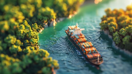 Isometric view of a cargo ship carrying containers on the sea, with green trees around, in the style of macro photography with soft lighting and a tilt-shift effect