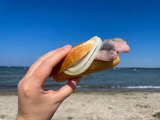 Traditional north german street food snack wheat bun with marinated herring matjes fish with onion in female hand close up on north sea beach	