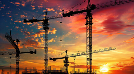 Naklejka premium Construction cranes silhouetted against a sunset sky