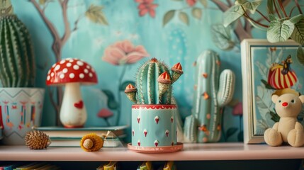 Fairy Castle Cactus in a whimsical fairythemed pot on a childs bookshelf with a playful background
