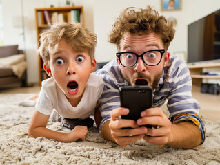 Shocked Father and Son Reacting to Smartphone