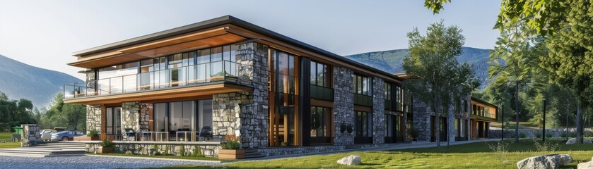 Building featuring stone and timber construction, lowimpact design, and energyefficient design, front view, illustrating green innovation, advanced tone, Complementary Color Scheme