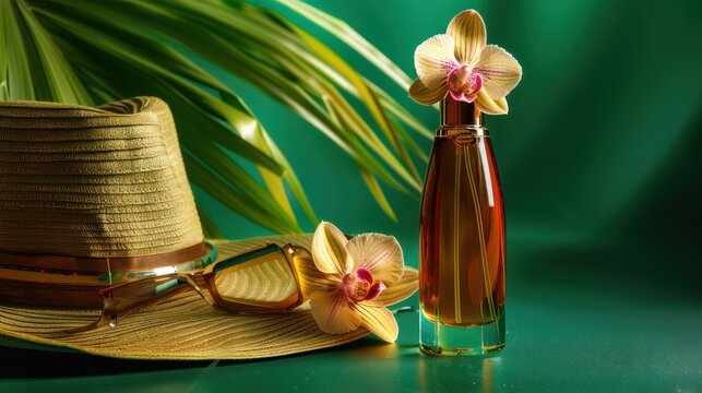 bottle of brand name facial oil No sits on an elegant green background. An orchid was stuck to his hat