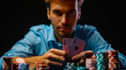 Man betting and playing cards at a casino
