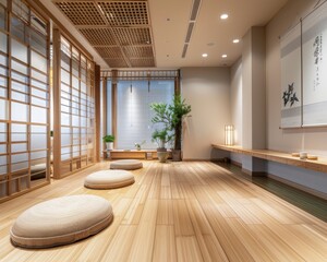 Traditional Korean interior with integrated bamboo flooring