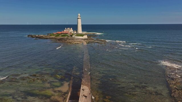 St Mary's Lighthouse is on the tiny St Mary's (or Bait) Island, just north of Whitley Bay on the coast of North East England. The small rocky tidal island is linked to the mainland by a short concrete