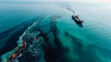 Oil spill from ship causing environmental pollution on the ocean's surface. Aerial view of a ship with a visible oil slick trailing behind.