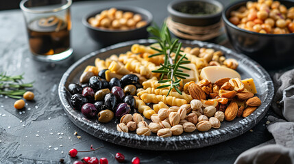 Fototapeta premium A vibrant selection of keto snacks including cheese, olives, nuts, and vegetables, beautifully arranged in bowls on a rustic tray.