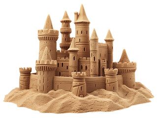 A sand castle isolated on a white background. Created with Generative AI technology.