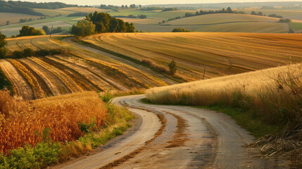 Fototapeta premium Elevated view of a rural road cutting through golden fields