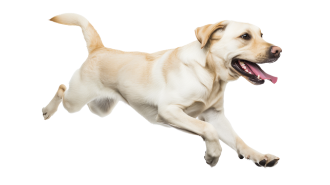 Full body shot of Labrador Retriever dog, running happily, smiling.