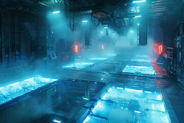 Futuristic Sci Fi Industrial Lab with Foggy Blue Lighting and High Tech Equipment