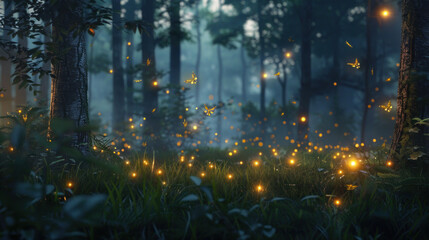 Fireflies lighting up a forest clearing at dusk