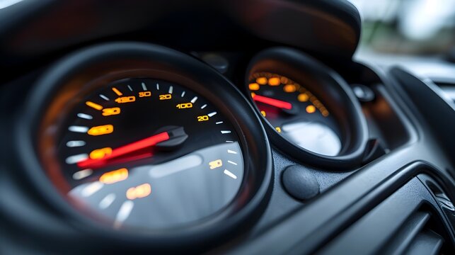 Close-up of a Fuel Gauge on a Modern Car Dashboard Showing Refueling Process