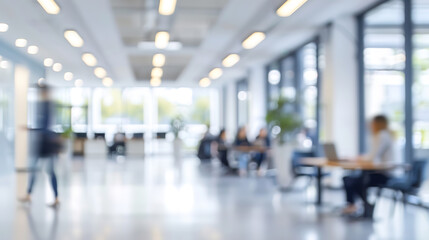 Blurred office interior with people working in the background, white and light grey colors, blurred or bokeh effect for a modern business work environment concept. Blurred white empty space background
