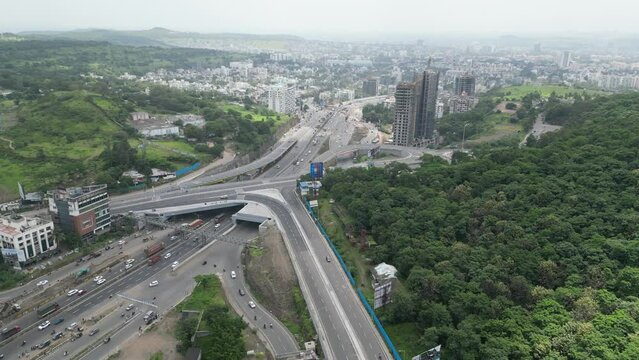 4k India flyover, Pune famous Chandani chowk, infrastructure, india traffic, Drone view 4k