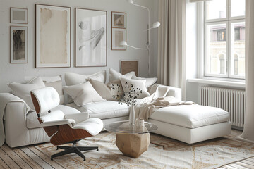 photo of white sofa and recliner chair with plants in a scandinavian clean and minimalist living room apartment and design interior furniture