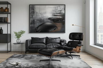 photo of black sofa and recliner chair with plants in a scandinavian clean and minimalist living room apartment and design interior furniture