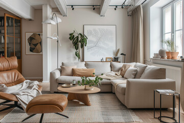 Fototapeta premium photo of brown sofa and recliner chair with plants in a scandinavian clean and minimalist living room apartment and design interior furniture