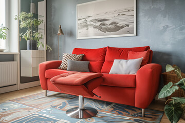 photo of red sofa and recliner chair with plants in a scandinavian clean and minimalist living room apartment and design interior furniture