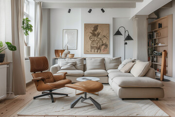photo of brown sofa and recliner chair with plants in a scandinavian clean and minimalist living room apartment and design interior furniture