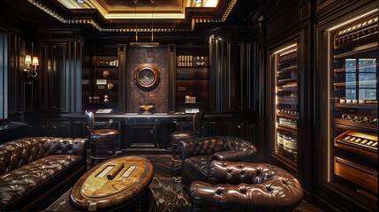 sophisticated cigar lounge with dark wood paneling, leather seating, and a built-in humidor