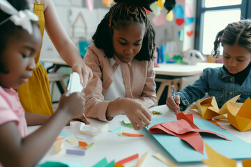 Children Engaged in Creative Paper Crafts at School