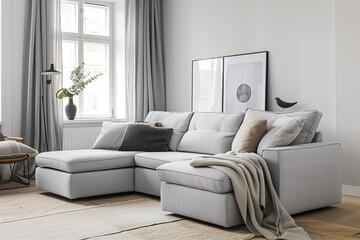 Fototapeta premium photo of white sofa and recliner chair with plants in a scandinavian clean and minimalist living room apartment and design interior furniture