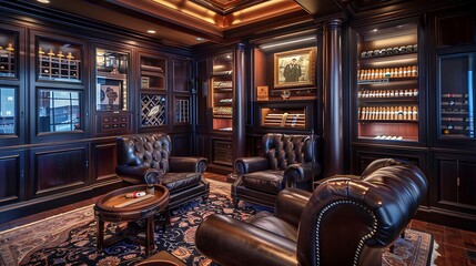 sophisticated cigar lounge with dark wood paneling, leather seating, and a built-in humidor
