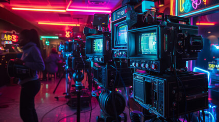 A 1990s photography studio featuring old cameras, colored light filters, and retro props like cassette tapes and Walkmans. Models with faces turned away or sideways against neon-colored walls.