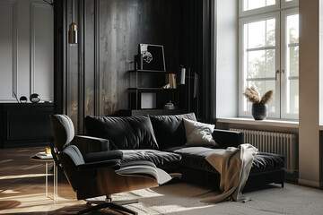 black sofa and recliner chair in scandinavian apartment with modern interior room design with plants