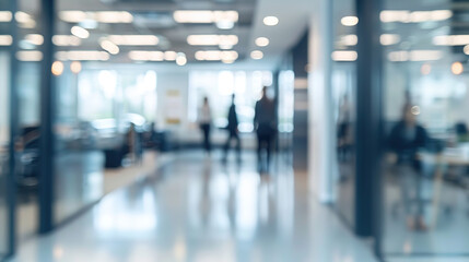 Fototapeta premium Blurred office interior with people working in the background, white and light grey colors, blurred or bokeh effect for a modern business work environment concept. Blurred white empty space background