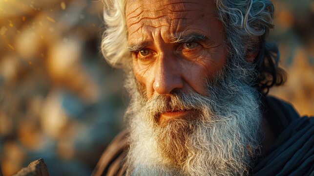 Wise and determined leader with a flowing white beard holds stone tablets, commanding a sacred presence. illustration images