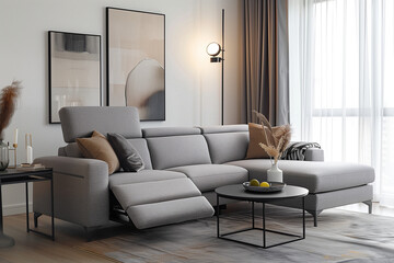 photo of grey sofa and recliner chair with plants in a scandinavian clean and minimalist living room apartment and design interior furniture
