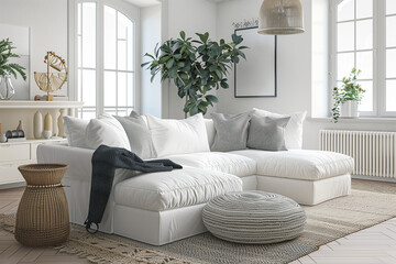 Fototapeta premium photo of white sofa and recliner chair with plants in a scandinavian clean and minimalist living room apartment and design interior furniture