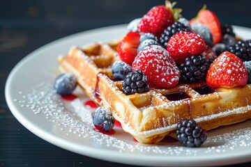 A delicious and healthy breakfast of whole grain waffles topped with fresh berries