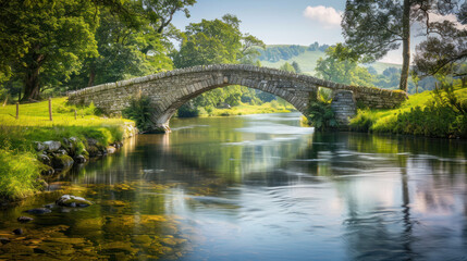 Historic stone bridge crossing a tranquil river in a scenic area