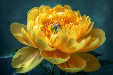 Mysteriously Lit Lemon Yellow Peony with Soft Green Edges